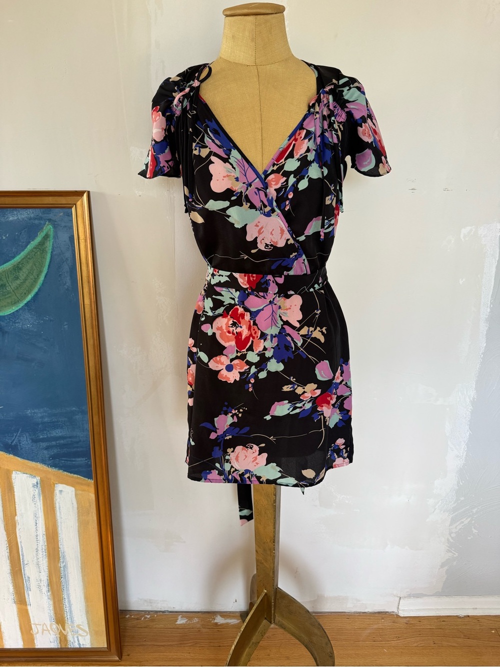Yumi Kim Black Floral Wrap Dress with Pink & Purple Blooms